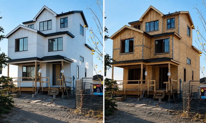 New construction home in Tacoma before and after siding installation by Monkey Siding